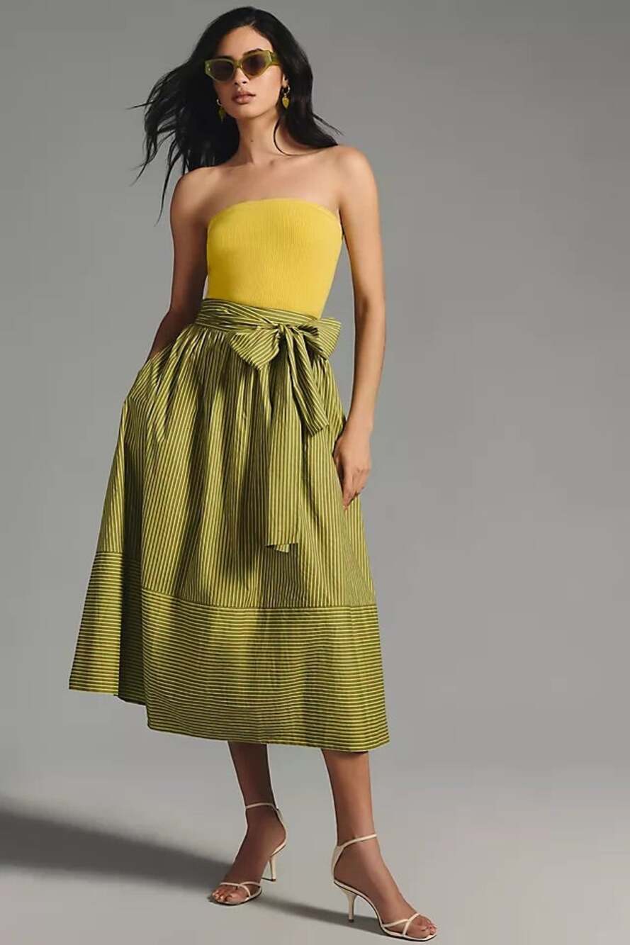Anthropologie Sunday in Brooklyn Striped A-Line Skirt Bow Accent Green Large?